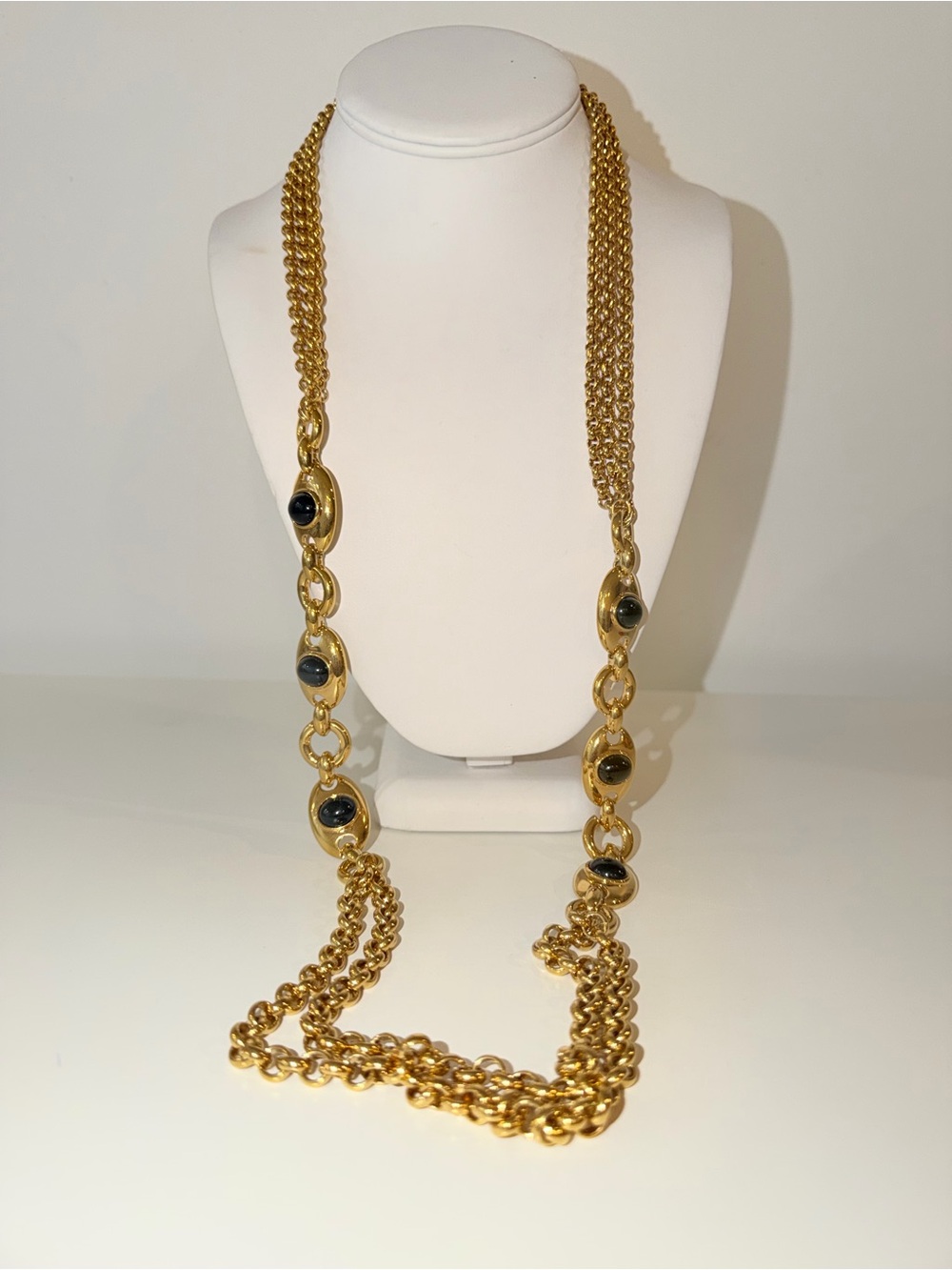 Vtg Signed Monet Gold-Tone & Black Beaded Long 3 Strand Necklace